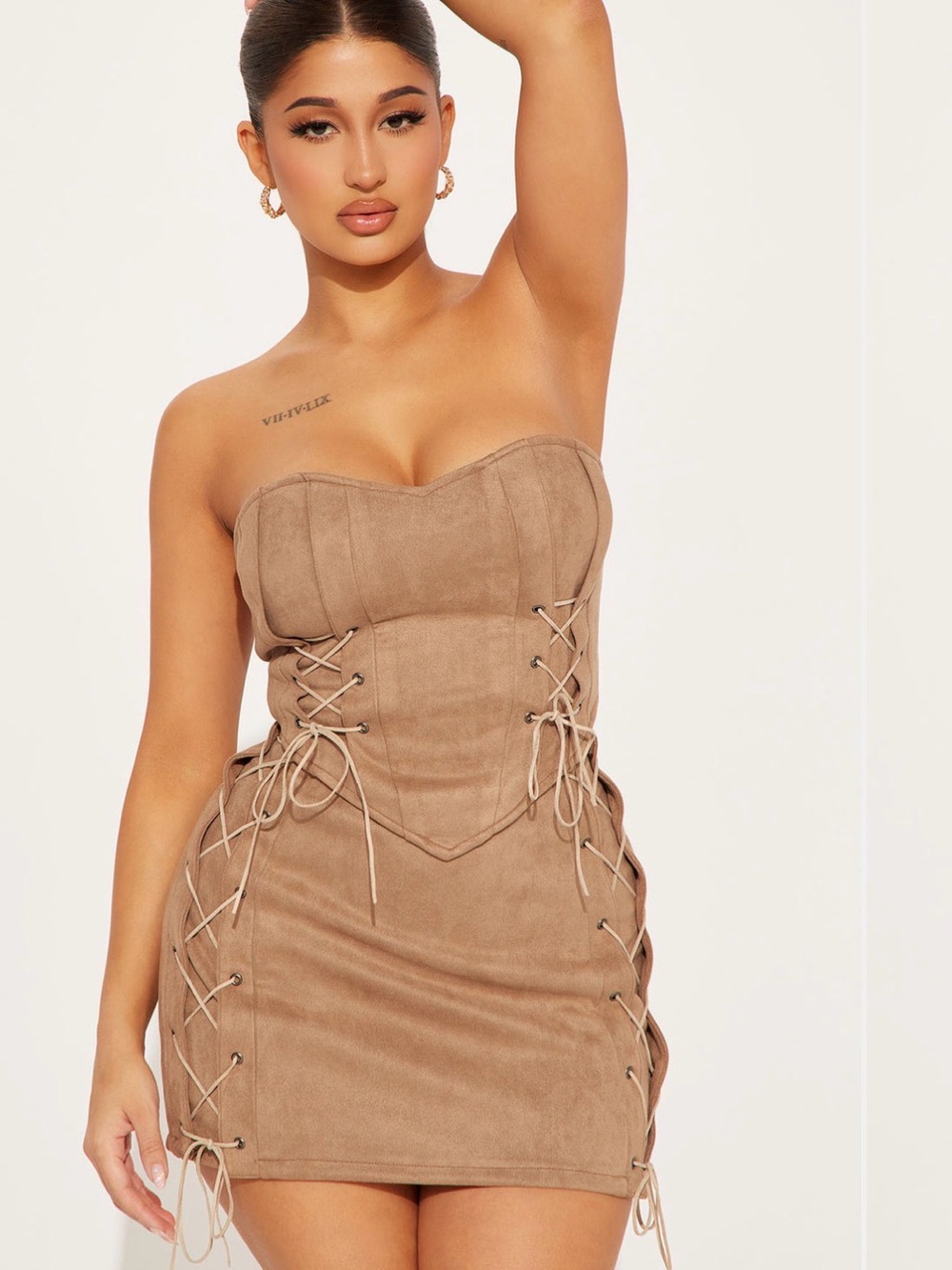 Fashion Nova Strapless Lace-Up Corset Mini Dress in Taupe